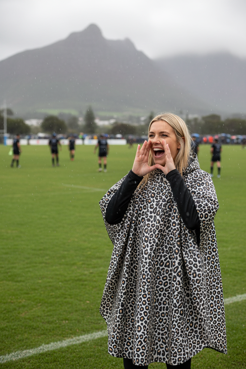 Blonde woman cheering at rugby match in Paarl wearing leopard print poncho