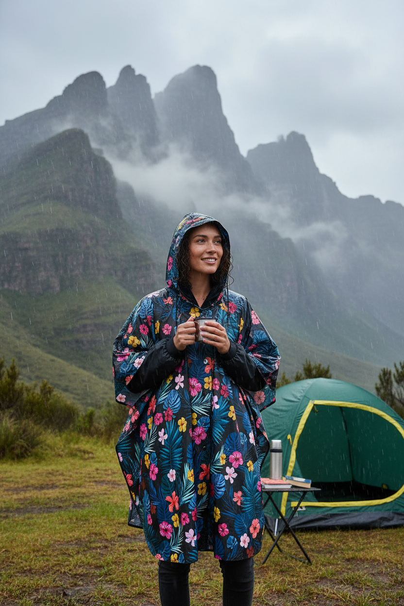 Woman camping in the Drakensberg wearing tropical floral poncho