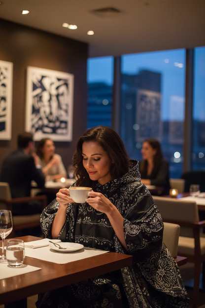 Woman enjoying coffee in Sandton wearing black paisley poncho