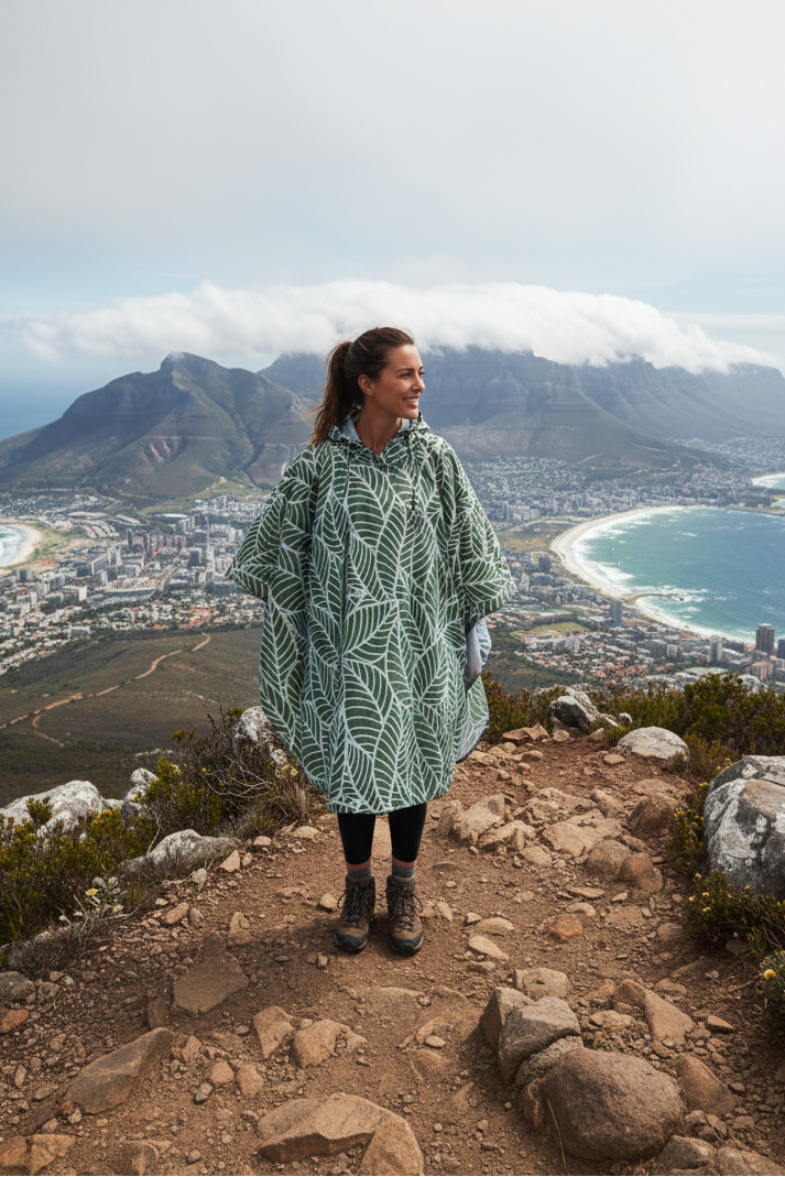 Person wearing a green poncho standing on a mountain path with a scenic view of a city and ocean.