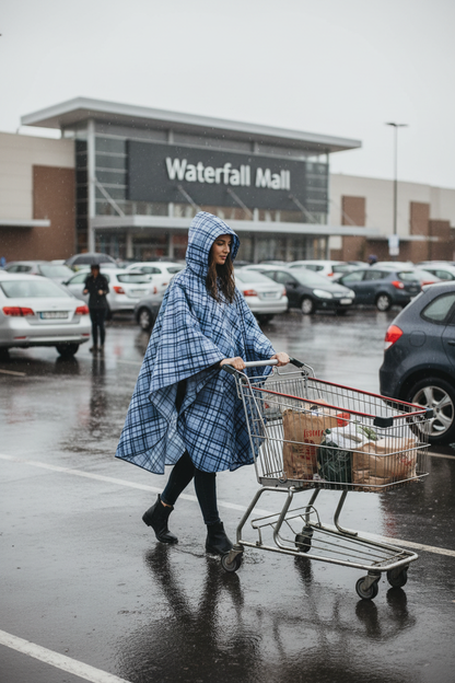 Woman walking shopping cart to car at Waterfall Mall Rustenburg wearing blue plaid poncho
